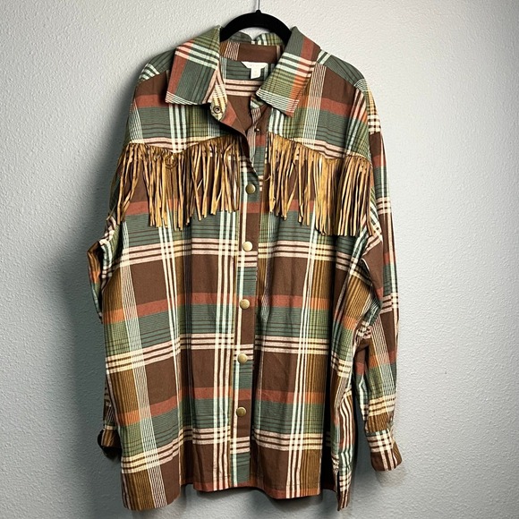 Cato Tops - Cato Plaid‎ Western Fringe Shirt Jacket Shacket Heavyweight XL Brown Green Style